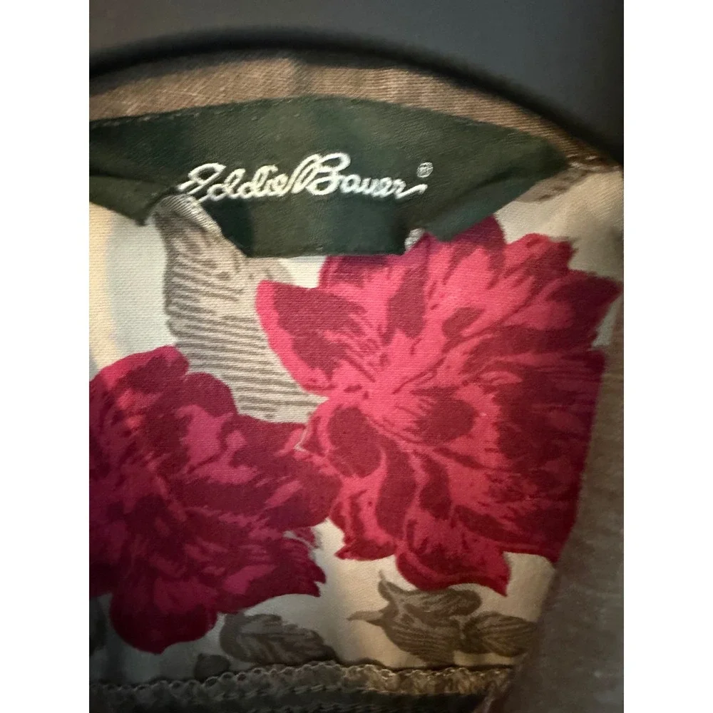 Eddie Bauer Utility Field Jacket Womens 2 Brown Cotton Floral Lined Safari Coat